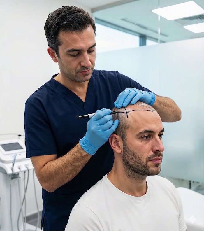 Doctor especialista en injerto capilar realizando el diseño personalizado y marcaje de la línea frontal en un paciente en la clínica de Madrid