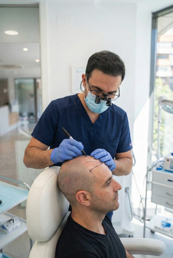Doctor-especialista-disenando-la-linea-frontal-en-la-cabeza-de-un-paciente-previo-a-un-trasplante-capilar-Trasplante-Capilar-en-Madrid-FOLIKA-Hair-Clinic
