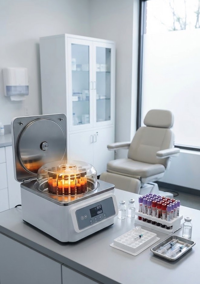 Maquina-centrifugadora-medica-procesando-tubos-de-sangre-para-la-obtencion-de-Plasma-Rico-en-Plaquetas-PRP-en-la-sala-de-tratamiento-de-la-clinica-capilar-FOLIKA-Hair-Clinic