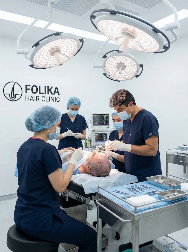 Dr Manuel A. Martinez González - Cirujano Médico Trasplante capilar FUE en Madrid en Folika Hair Clinic en quirofano capilar realizando selección de grafts