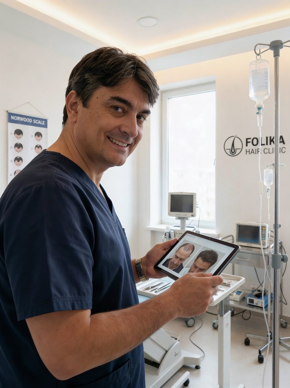 Dr-Manuel-A.-Martinez-Gonzalez-Cirujano-Medico-Trasplante-capilar-FUE-en-Madrid-en-Folika-Hair-Clinic-en-sala-de-consulta-revisando-documento-1-1