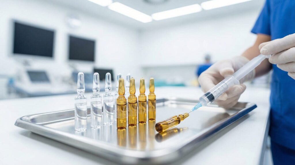 Especialista médico preparando el cóctel personalizado de vitaminas y Dutasteride para una sesión de mesoterapia capilar en nuestra clínica de Madrid.