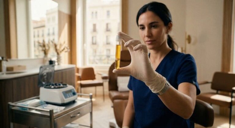Doctora preparando sesión de Mesoterapia Capilar y PRP en Madrid